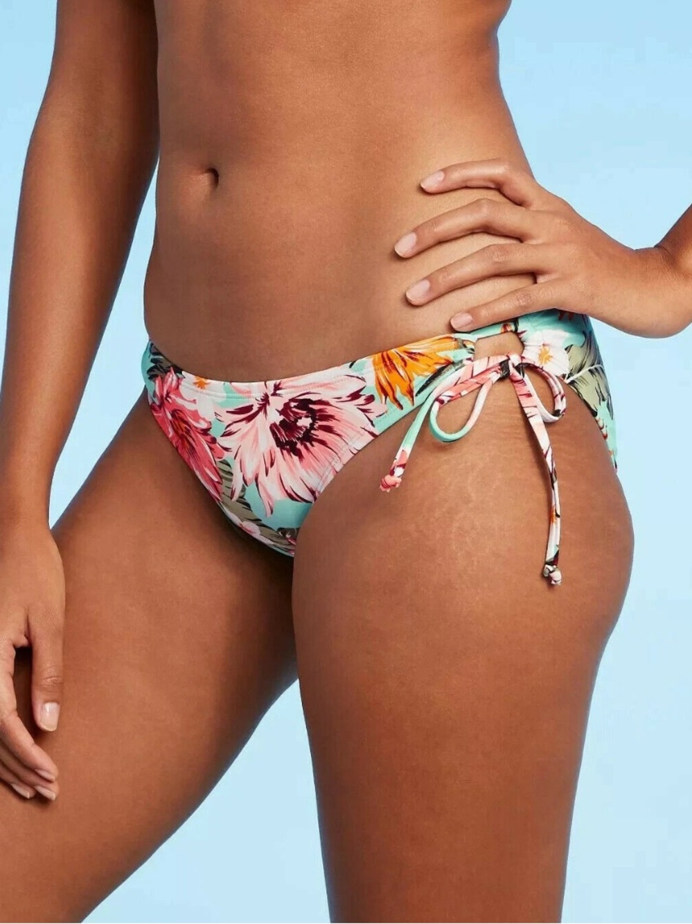 Kona Sol Bikini Floral Print Aqua Pink White Low Rise Bottoms EUC Sz L